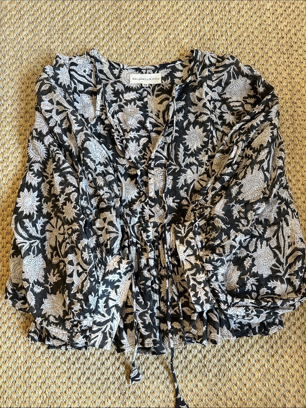 Daughters of India Black and White Floral V-Neck Blouse top